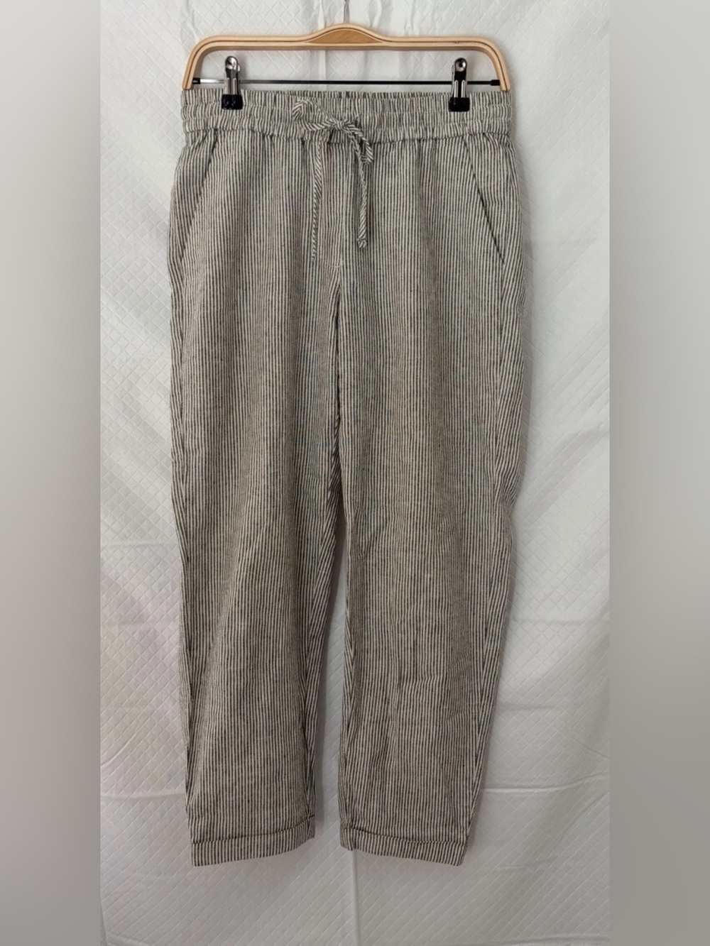 J. Crew Gray and Cream Pinstripe Drawstring Ankle Pants
